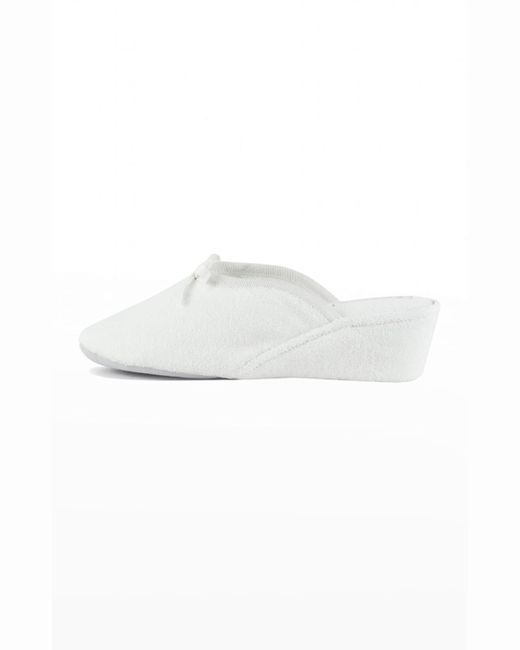 Jacques Levine White Terrycloth Wedge Slippers W/ Bow