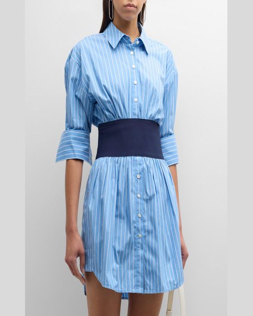 Staud Blue Michelle Pinstripe Cotton Poplin Mini Dress