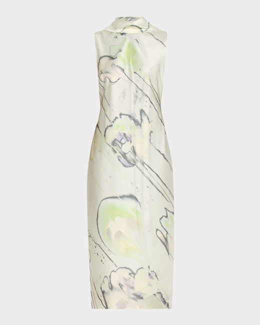 Jason Wu White Sleeveless Watercolor Bias-Cut Scarf Midi Dress
