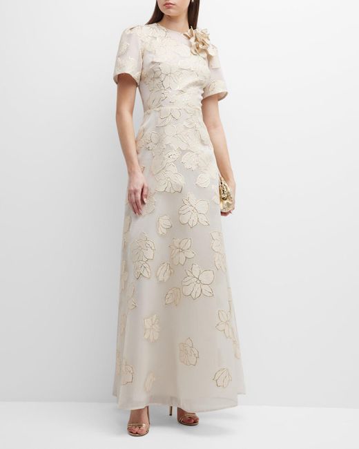 Teri Jon White Flower-embellished Floral Burnout A-line Gown