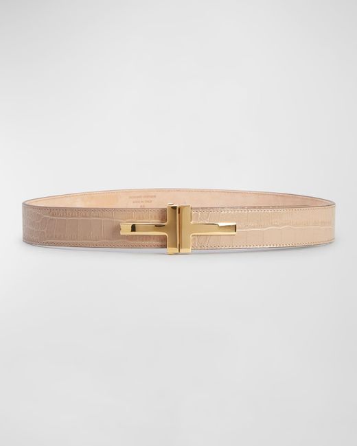 Tom Ford Natural Double T Croc-embossed Leather Belt