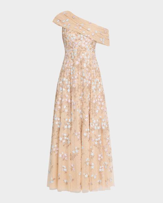 Needle & Thread Natural Everett Bloom One-Shoulder Embroidered Gown