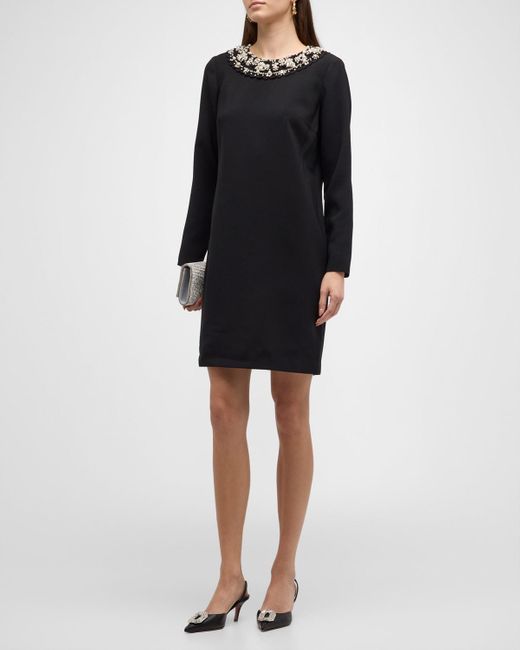 Carolina Herrera Black Embellished Long-Sleeve Shift Mini Dress