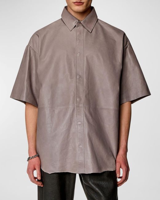 DIESEL Gray Emin Leather Short-Sleeve Shirt for men