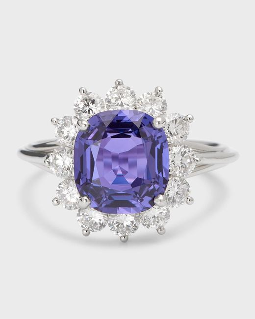 NM Estate Blue Estate Platinum Purple Sapphire Cushion And Diamond Halo Ring, Size 6.75