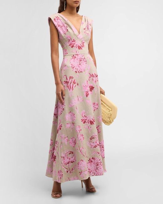 Lela Rose Pink V-Neck Floral-Print Sleeveless Empire-Waist Maxi Dress