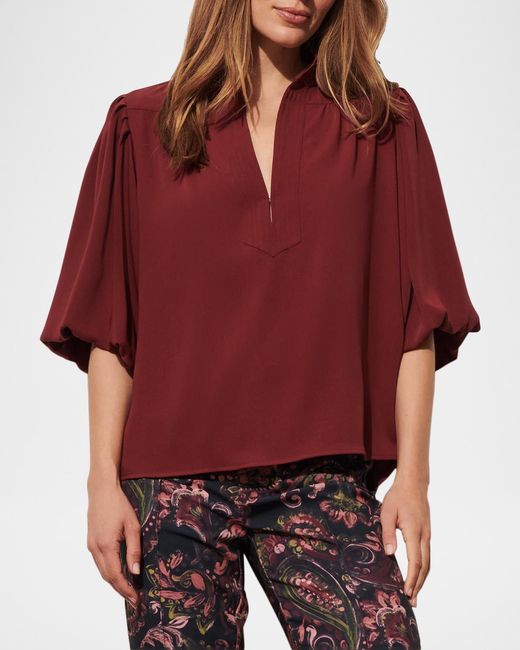 Figue Red Dani Lantern-Sleeve Split-Neck Top