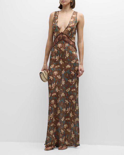 Sir. The Label Brown Avellino Lace Silk Maxi Dress