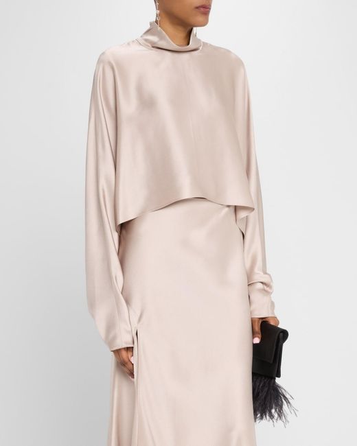 LAPOINTE Natural Long-Sleeve Satin Crop Caftan Top