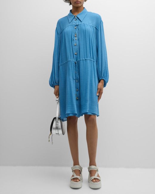 Chloé Blue X High Summer Silk Button-Front Mini Dress With Tie Waist