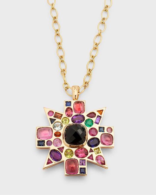 Verdura White 18k Yellow Gold Black Spinel, Rubellite And Colored Stone Byzantine Pendant-brooch Necklace