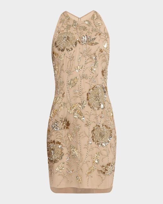 Aidan Mattox Natural Floral Bead & Sequin Halter Mini Dress