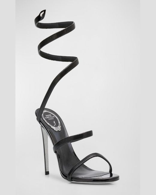 Rene Caovilla White Juniper Leather Snake-Wrap Stiletto Sandals