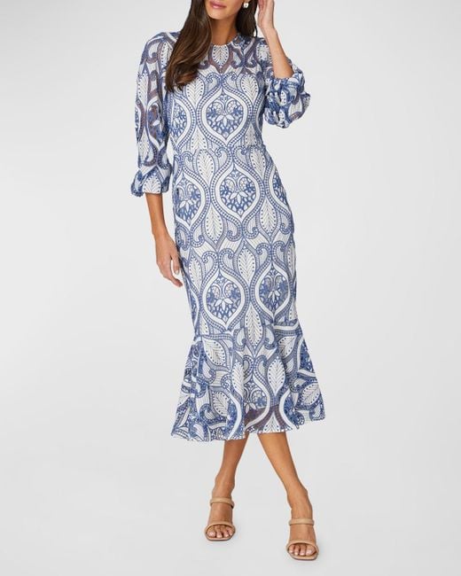 Shoshanna Blue Adelia Embroidered Blouson-Sleeve Midi Dress