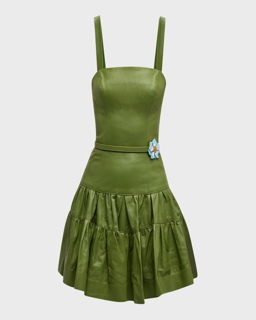 Oscar de la Renta Green Leather Tiered Sleeveless Mini Dress With Belt