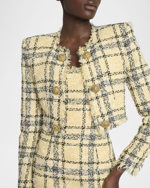 Balmain Metallic Paillette Check Eyelash Tweed Crop Jacket