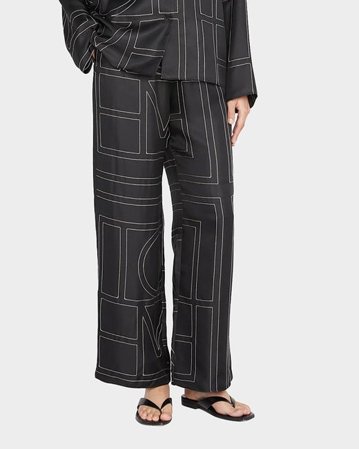 Totême  Black Monogram-Embroidered Silk Pajama Pants