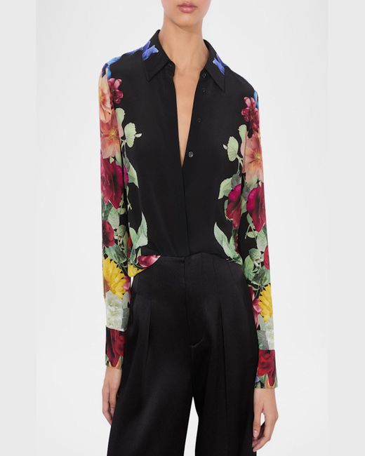 Alice + Olivia Black Brady Siim Button-Front Top