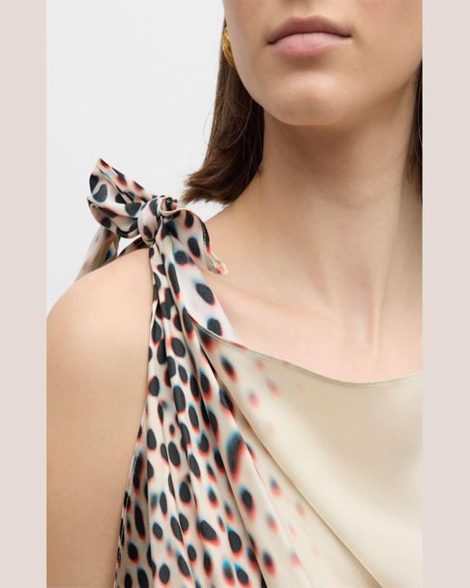 Roberto Cavalli Natural Print Cowl-Neck Tie Shoulder Silk Gown