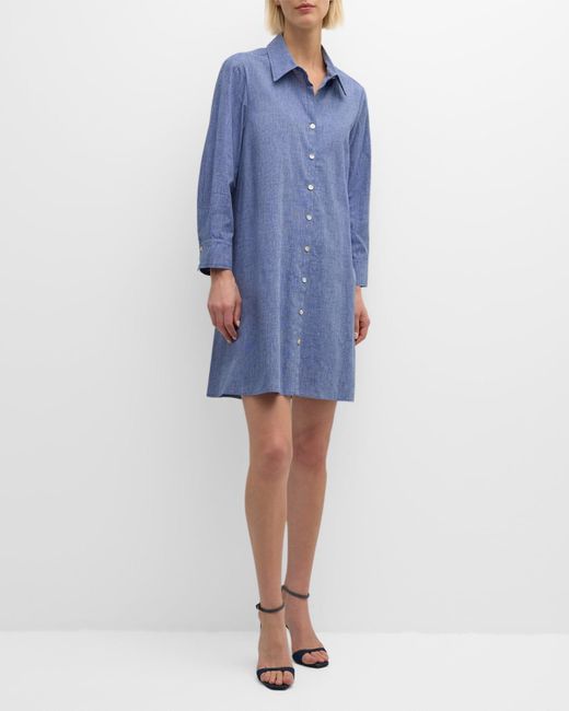 Finley Blue 3/4-Sleeve Trapeze Oxford Shirtdress