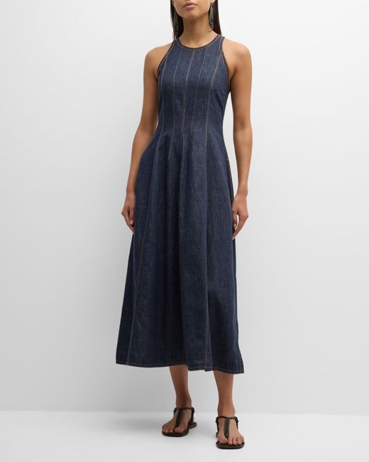 Brunello Cucinelli Blue Glossy Denim Structured Midi Dress With Contrast Stitching