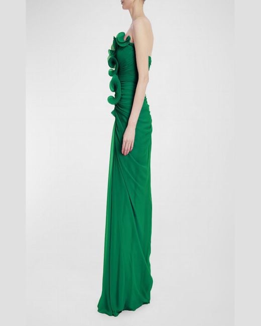 Badgley Mischka Green Strapless Pleated Ruffle Column Gown