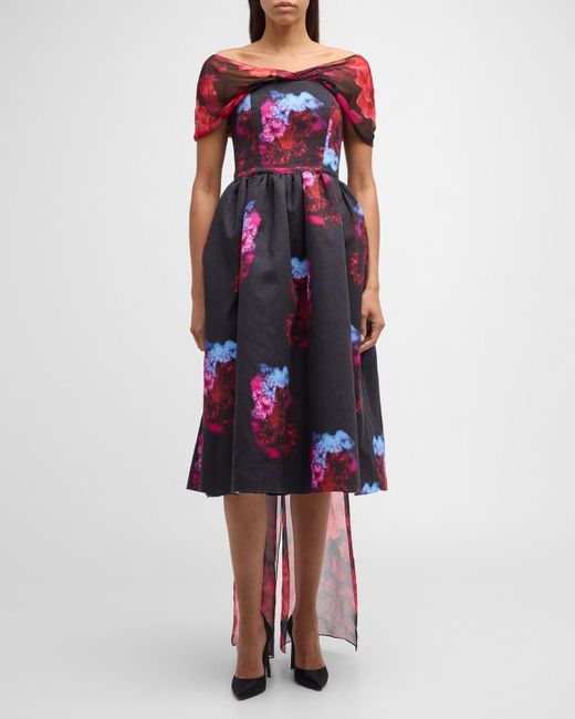 Jonathan Cohen Red Floral Print Off-Shoulder Midi Dress With Cape Back