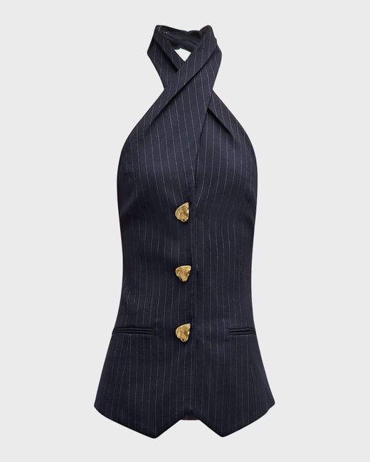 Oscar de la Renta Blue Halter Button-Front Pinstripe Tailored Blouse