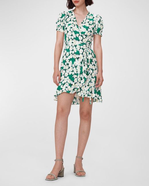 Diane von Furstenberg Green Emilia Floral-print Puff-sleeve Mini Wrap Dress