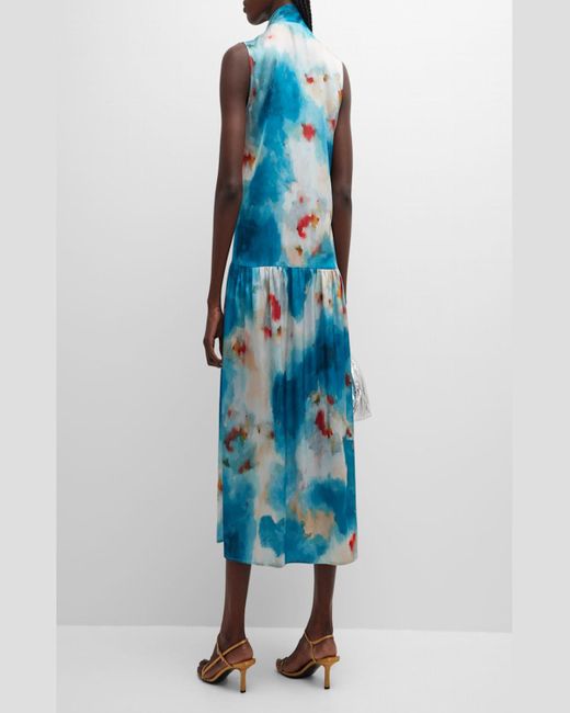 Misook Blue Watercolor-print Tie-neck Crepe Midi Dress