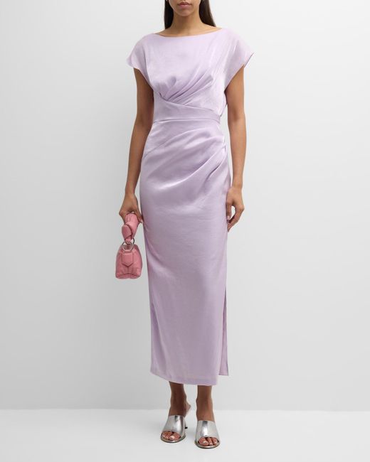 Lela Rose Purple Florence Draped Cap-Sleeve Slit Midi Dress