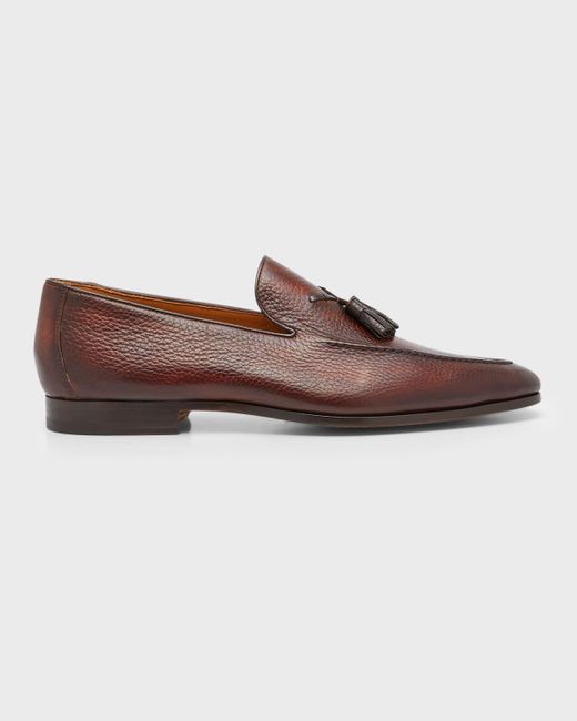 Magnanni Shoes Brown Seneca Grained Leather Tassel Loafers for men