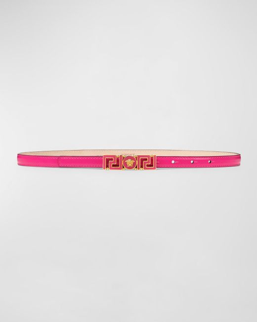 Versace Pink Greca Medusa Buckle Skinny Leather Belt