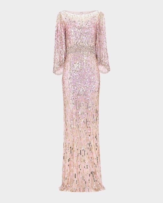 Jenny Packham Pink Ines Crystal Sequined Flare-Sleeve Gown