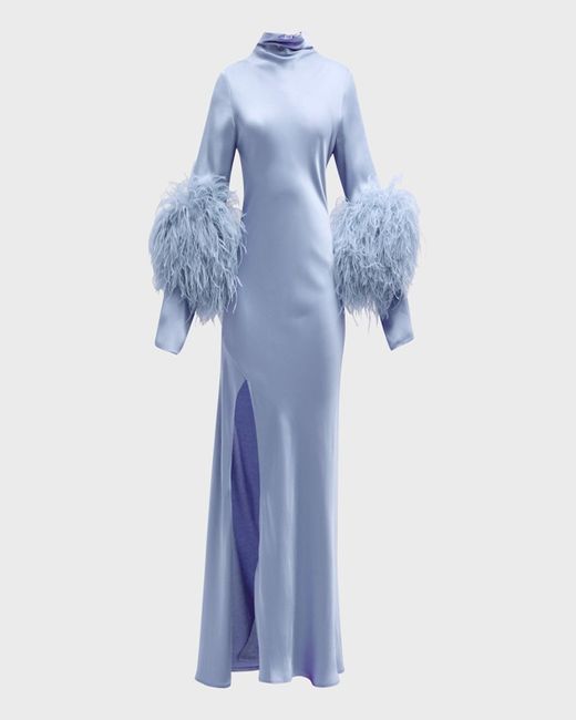 LAPOINTE Blue Feather-Trim Mock-Neck Long-Sleeve Slit Satin Bias Gown
