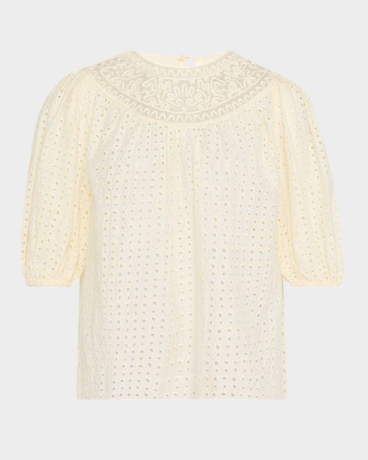 Ulla Johnson White Amina Eyelet Puff-Sleeve Top