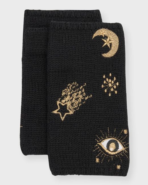 Carolyn Rowan Black Merino Fingerless Gloves With Celestial Embroidery