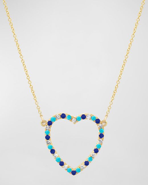 Jennifer Meyer Blue Large Open Heart Pendant Necklace With Mixed Stones