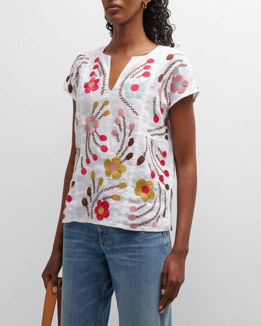 Johnny Was White Joni Easy-paneled Top With Embroidered Detail