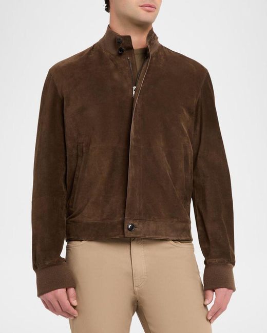 Zegna Brown Apos;S Suede Hidden-Zip Bomber Jacket for men