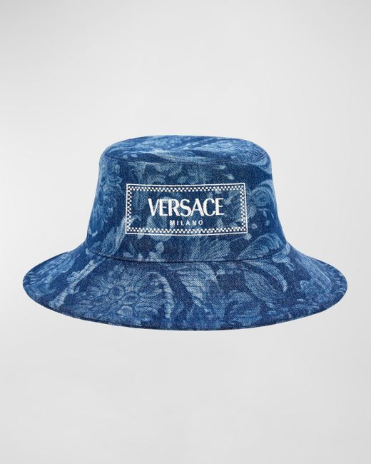 Versace Blue Embroidered Logo Barocco Print Bucket Hat