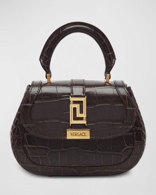 Versace Black Greca Goddess Mini Croc-embossed Top-handle Bag