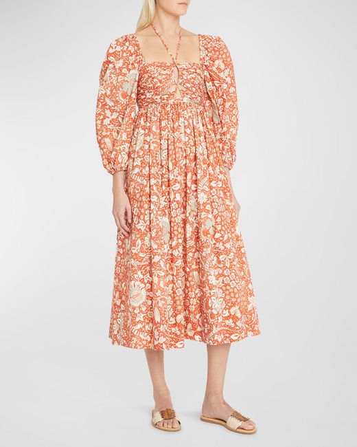 Ulla Johnson Alessa Puff-sleeve Floral Poplin Cutout Midi Dress in ...