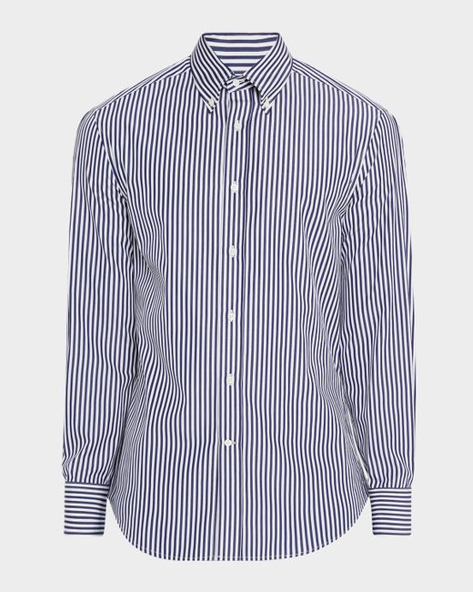 Brunello Cucinelli Blue Cotton Wide Stripe Button-Collar Sport Shirt for men