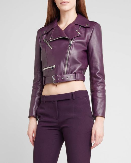 Alexander McQueen Purple Cropped Leather Biker Jacket