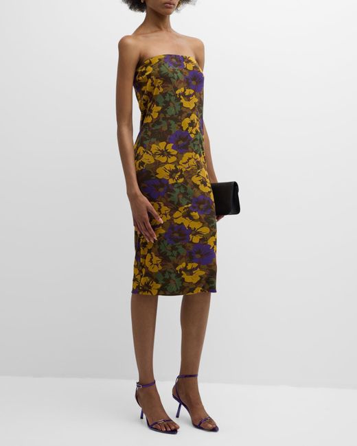 Saint Laurent Green Floral-Print Strapless Dress
