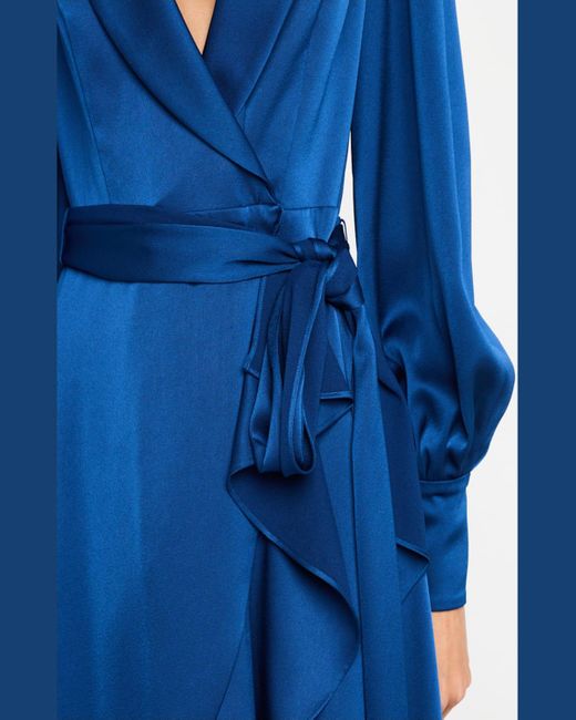 Aidan Mattox Blue High-Low Crepe Back Satin Midi Wrap Dress