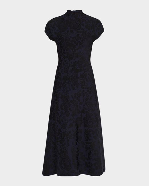 Lela Rose Blue Floral Jacquard Mock-Neck Midi Dress