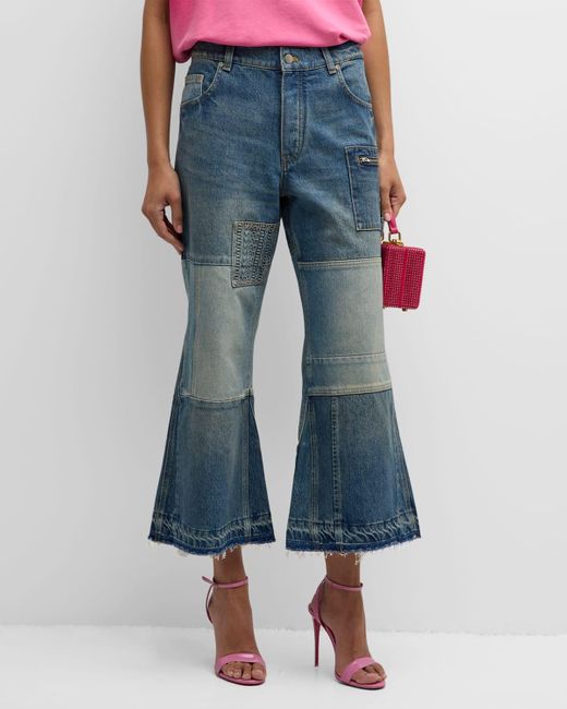 Marc Jacobs Blue Mid-Rise Patchwork Cropped Flare Carpenter Jeans