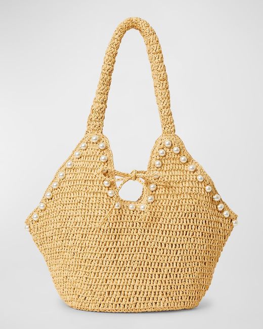 BTB Los Angeles Metallic Posey Pearly Straw Tote Bag
